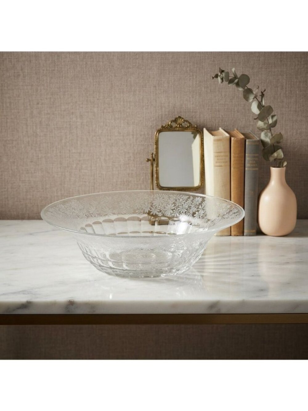 Vintage Etched Glass Serving Bowl Frosted Floral Daisy Wreath Retro